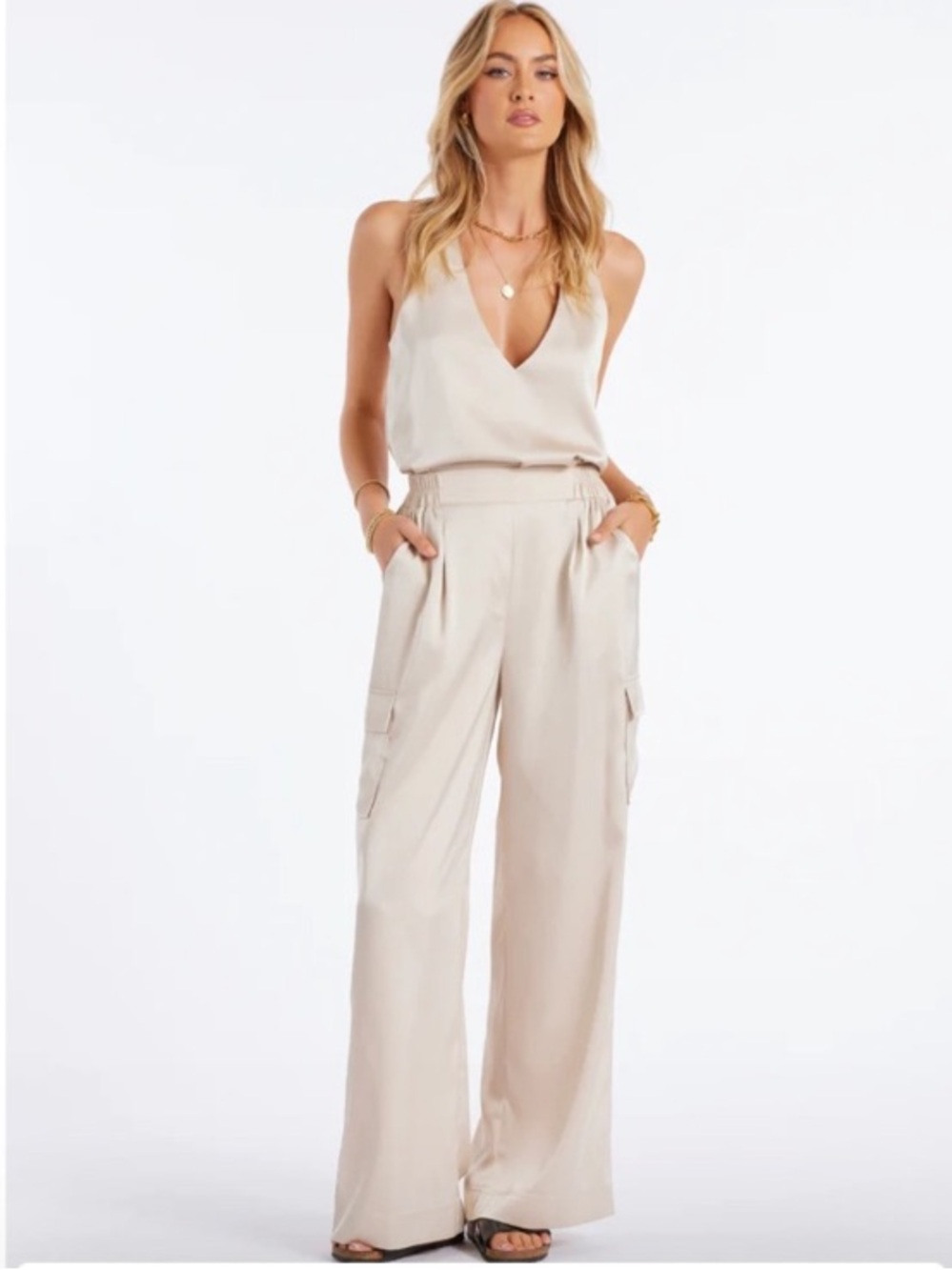 Bishop + Young Pull-On Satin Cargo Pant In Sand L Chic Minimalist Relaxed Summer